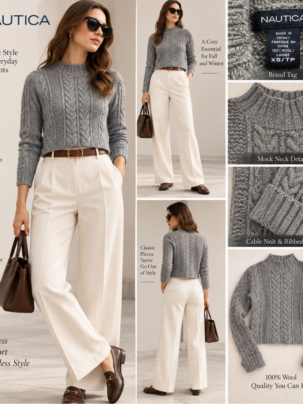 Nautica 100% Wool Gray Cable Knit Cropped Sweater XS